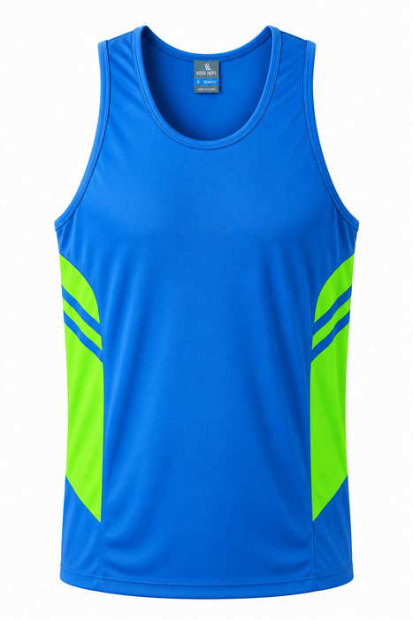TASMAN MENS SINGLETS - CYAN/NEON GREEN