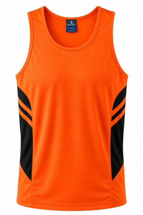 TASMAN MENS SINGLETS - NEON ORANGE/SLATE