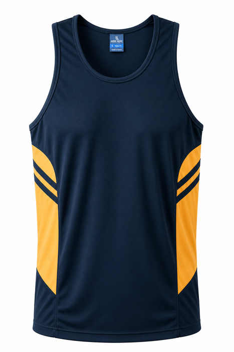 TASMAN MENS SINGLETS - NAVY/GOLD