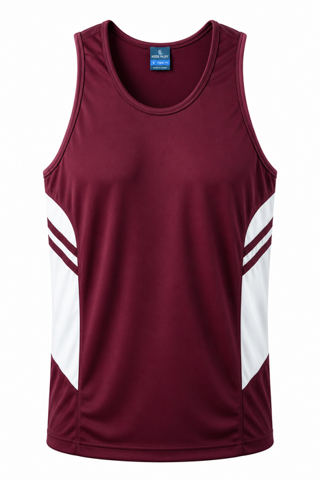 TASMAN MENS SINGLETS - MAROON/WHITE