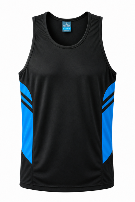 TASMAN MENS SINGLETS - BLACK/CYAN