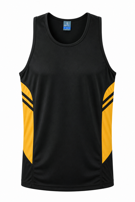 TASMAN MENS SINGLETS - BLACK/GOLD