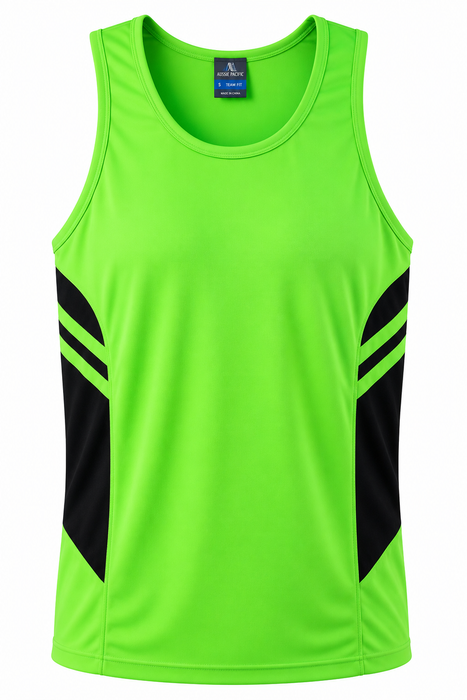 TASMAN MENS SINGLETS - NEON GREEN/BLACK