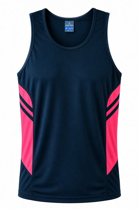 TASMAN MENS SINGLETS - NAVY/NEON PINK