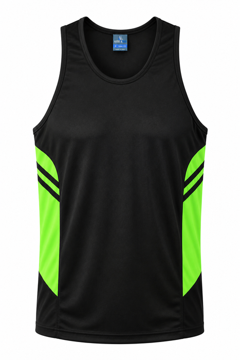 TASMAN MENS SINGLETS - BLACK/NEON GREEN