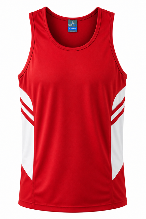 TASMAN MENS SINGLETS - RED/WHITE