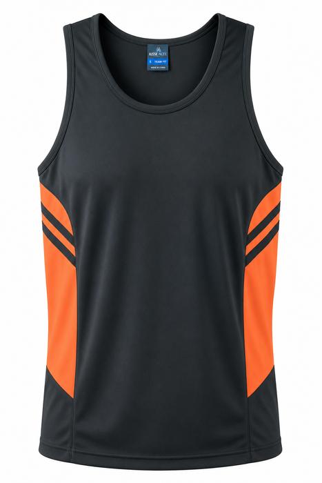 TASMAN MENS SINGLETS - SLATE/NEON ORANGE