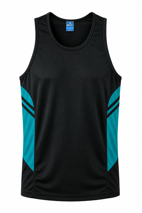 TASMAN MENS SINGLETS - BLACK/TEAL