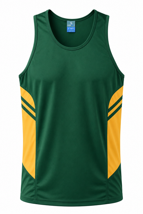 TASMAN MENS SINGLETS - BOTTLE/GOLD